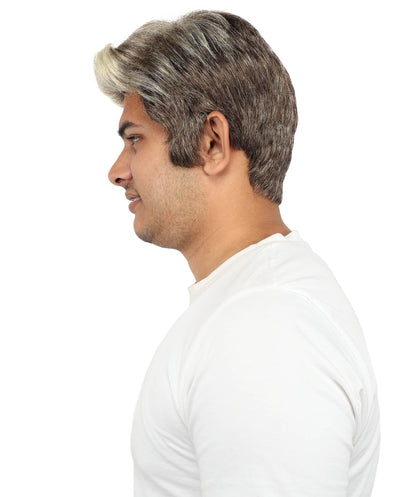 HPO Men's Short Grey & Brown Wig | Natural-Looking Synthetic Hair with Layered Texture | Classic Everyday Cosplay & Costume Style