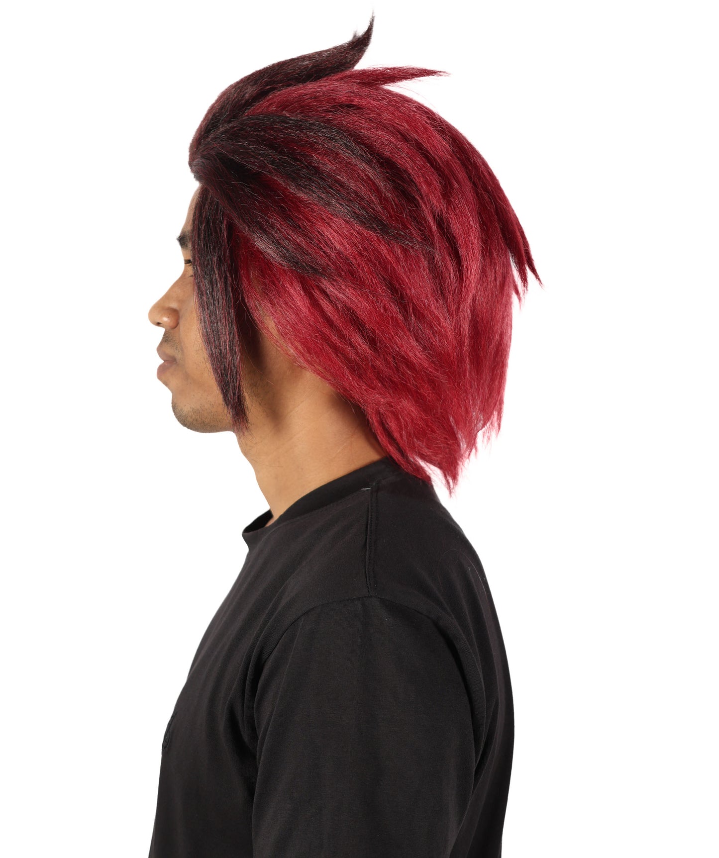 HPO Adult Men'S Short Layered Burgundy Cosplay Wig with Red Markings and Earrings | Anime-Inspired Hair with Cap and Bonus Sticker