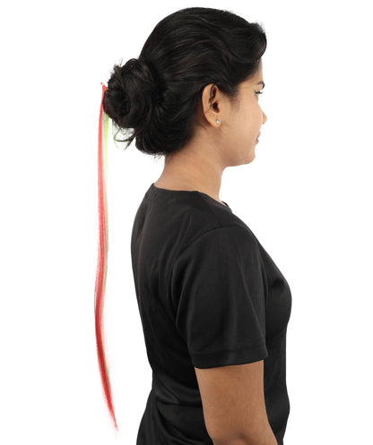 HPO Women's Clip-in Hair Extension | Sleek straight green, white and red synthetic fibers featuring a secure snap attachment | Ideal for party, Halloween, cosplay, theater, drag, performance, costume events