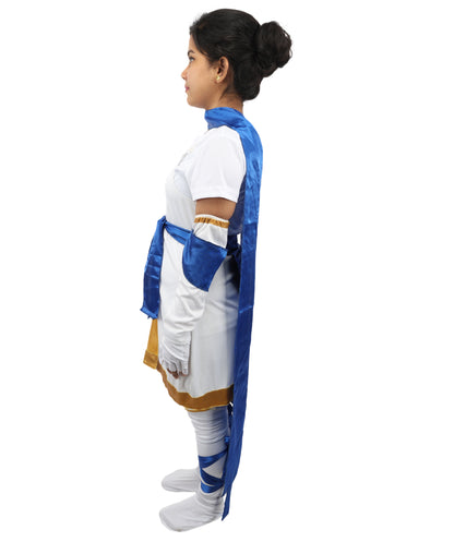HPO Women's Anime Action Heroine Suit | White and blue jersey satin construction featuring a body garment, hand gloves, leg socks, belt, and bow | Ideal for party, Halloween, cosplay, theater, drag, performance, costume events