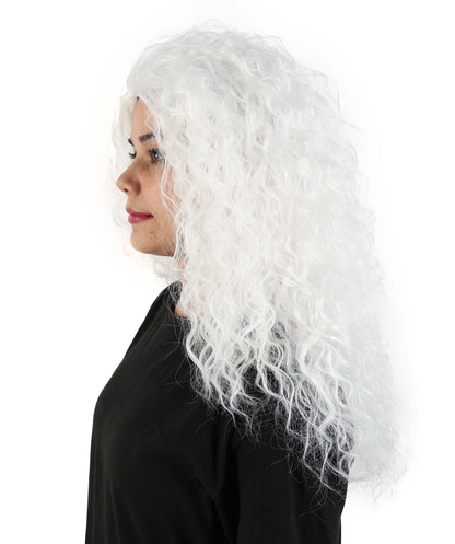 HPO Women’s 21” White Long Curly Wig | High Heat-Resistant Synthetic Costume Hairpiece | Lightweight Breathable Cap for Halloween, Cosplay & Party Dress-Up