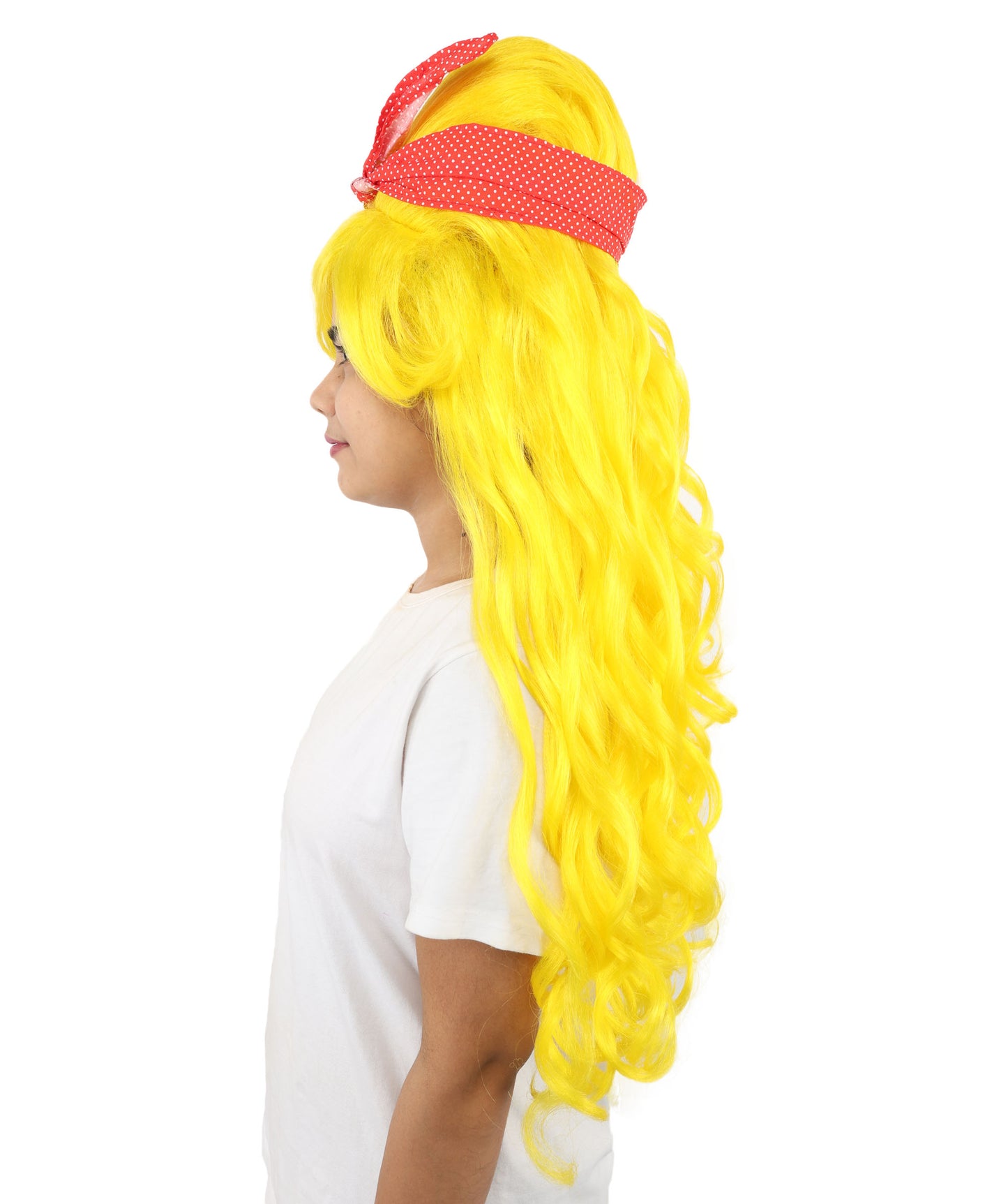 HPO Women’s Retro Beehive Wig with Red Bow | Multicolor Options | Extra Long Wavy Fancy Dress Accessory | Fancy Dress Accessory | Celebrity-Inspired Hair for Halloween, Cosplay & Music Tribute Parties