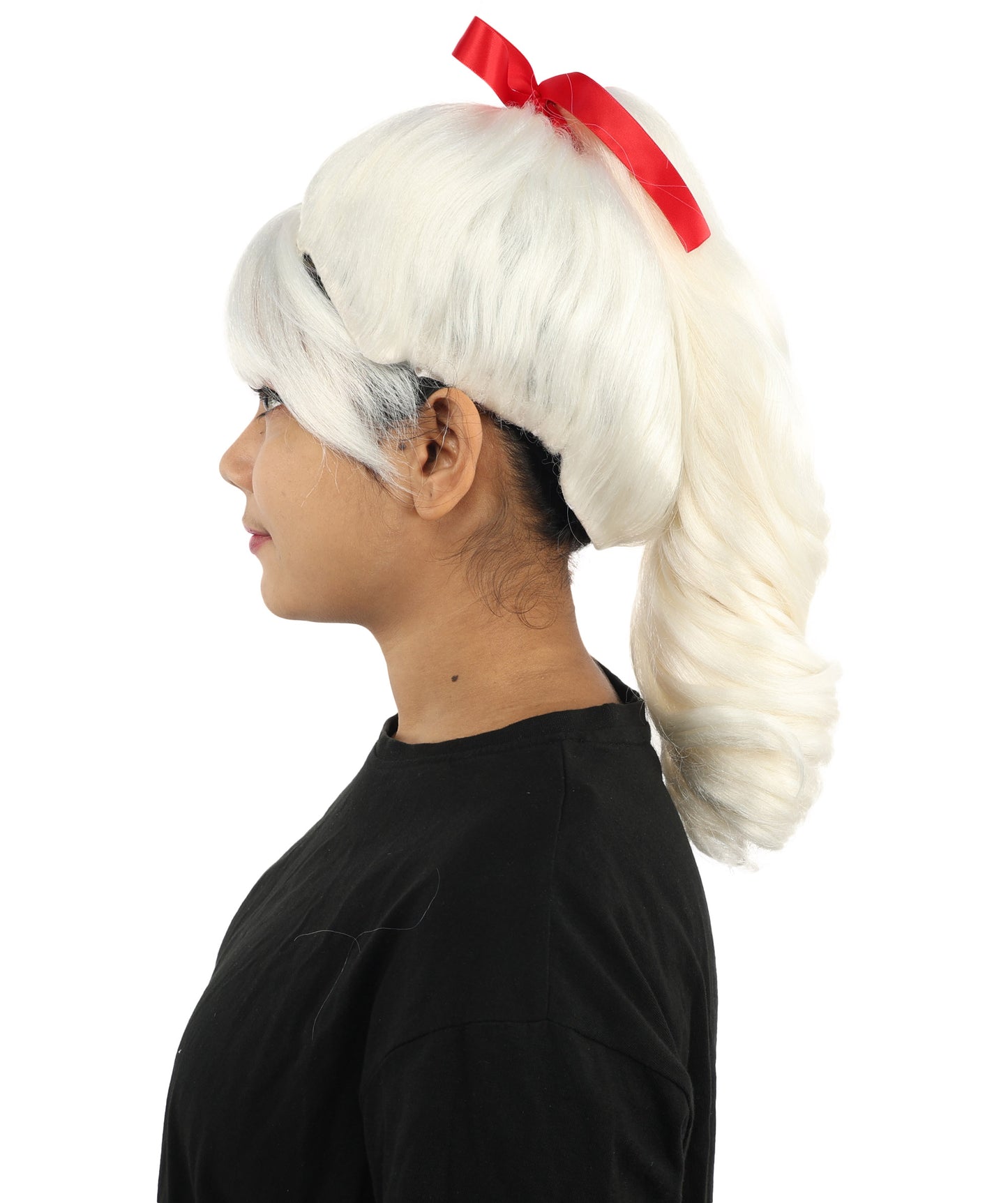 HPO Women's Spiral Ponytail Wig | Multicolor Options | High Updo with Red Ribbon Bow & Bangs, Heat Friendly Synthetic Fiber & Breathable Cap | Halloween, Christmas Event, Themed Party, Theater & Roleplay