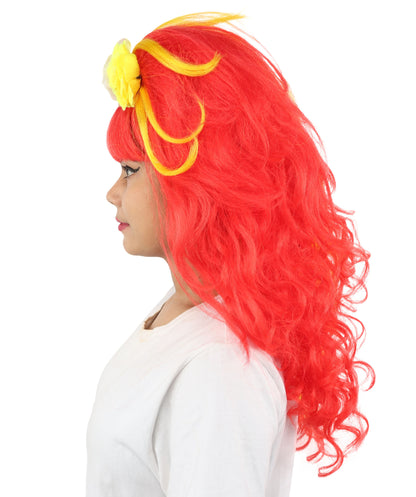 HPO Women's Split Style Glamour Red & Yellow Wig | Long curly synthetic fibers with big teased volume blunt bangs and capless base | Essential for theatrical stage drag performance costume events and party