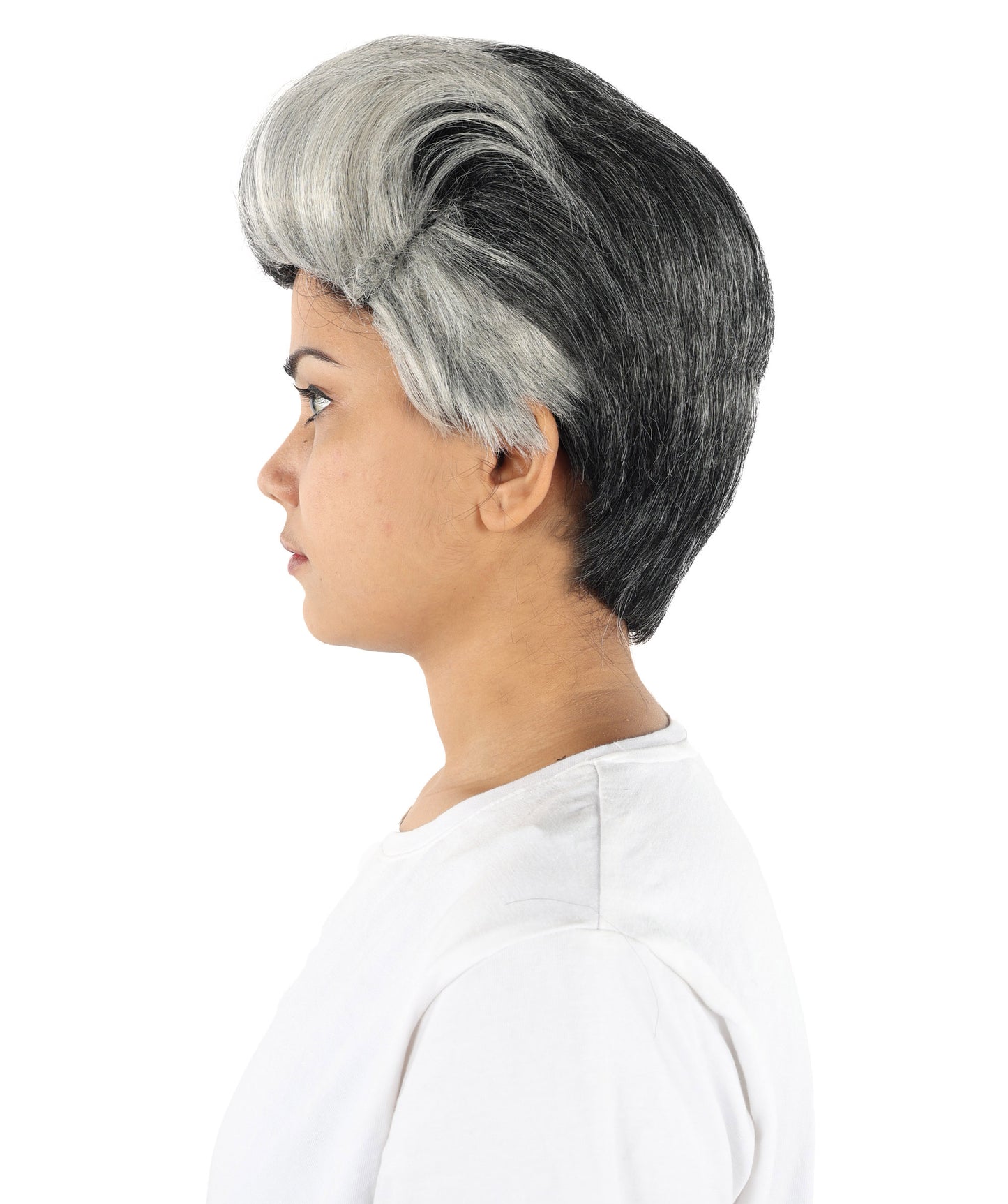 Hollywood Comedian-Inspired Wig | Short Curly Black & Grey Hairstyle | Adjustable Cap for Cosplay, Halloween, Parties, Stage & Roleplay