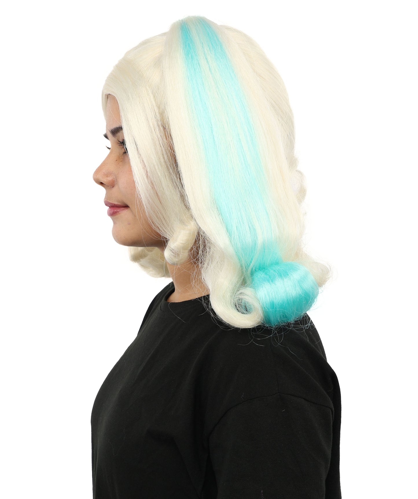 HPO Women’s Pop Diva Inspired Wig | Light Blue & Blonde High-Volume Theatrical Hairstyle | Synthetic Lace Front Wig for Cosplay, Halloween & Stage