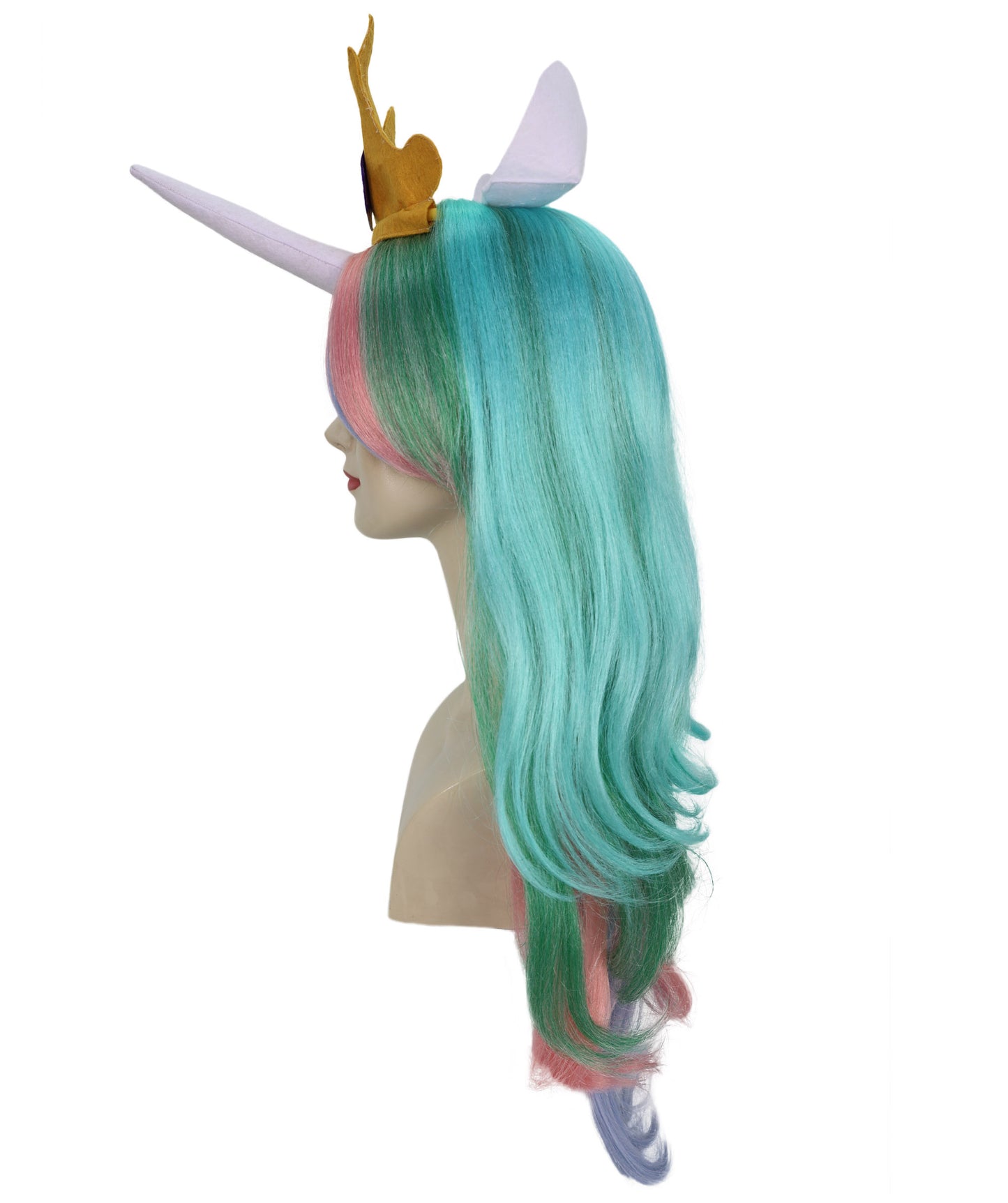HPO Women’s Fantasy Unicorn-Inspired Long Pastel Rainbow Princess Wig with Horn and Crown | Halloween Wig | Flame-retardant Synthetic Fiber