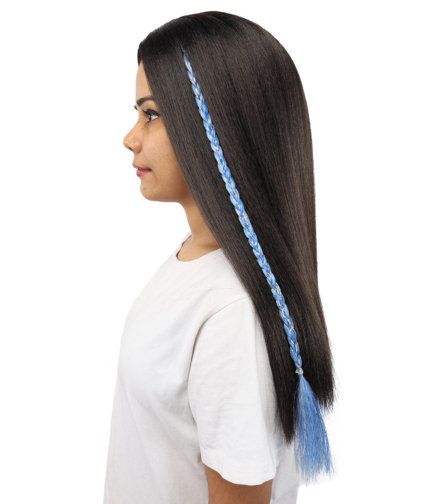 HPO Women's Sparkling Blue Tinsel Extension | Vibrant metallic blue hue, create of synthetic fiber and tinsel, long shimmering texture, clip-in base | Party, Halloween, theater, drag, performance, costume events