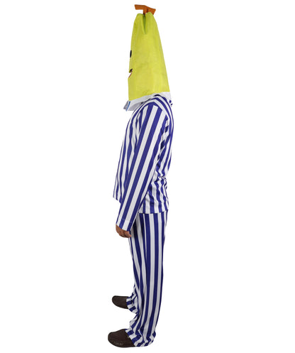 HPO Women's Banana in Pajamas Costume | Classic Blue and White Striped Sleepwear Top and Pants Set Novelty Fruit Character Yellow Mask | Halloween Cosplay Theater Drag Performance Costume Events
