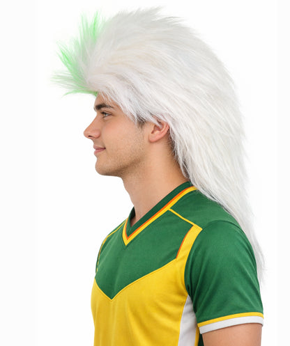 HPO Men's Green and White Sports Wig | Split Color Spiky Mullet Style Flame-retardant Synthetic Fiber | Halloween Themed Party St Patrick's Day Fan Gear
