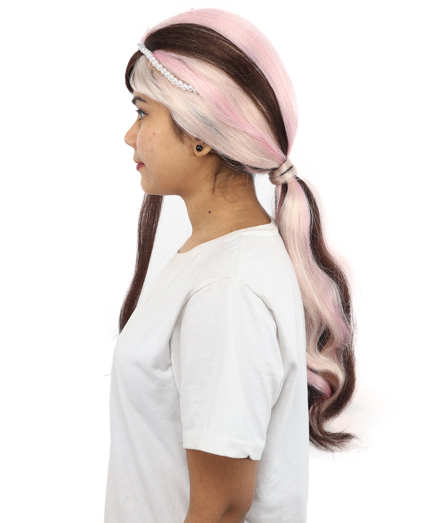 HPO Princess Style Fantasy Ponytail Wig with Feather Crown – Long 23 Inch Dual-Tone Brown & Pink Waves | Ideal for Cosplay, Parties & Halloween