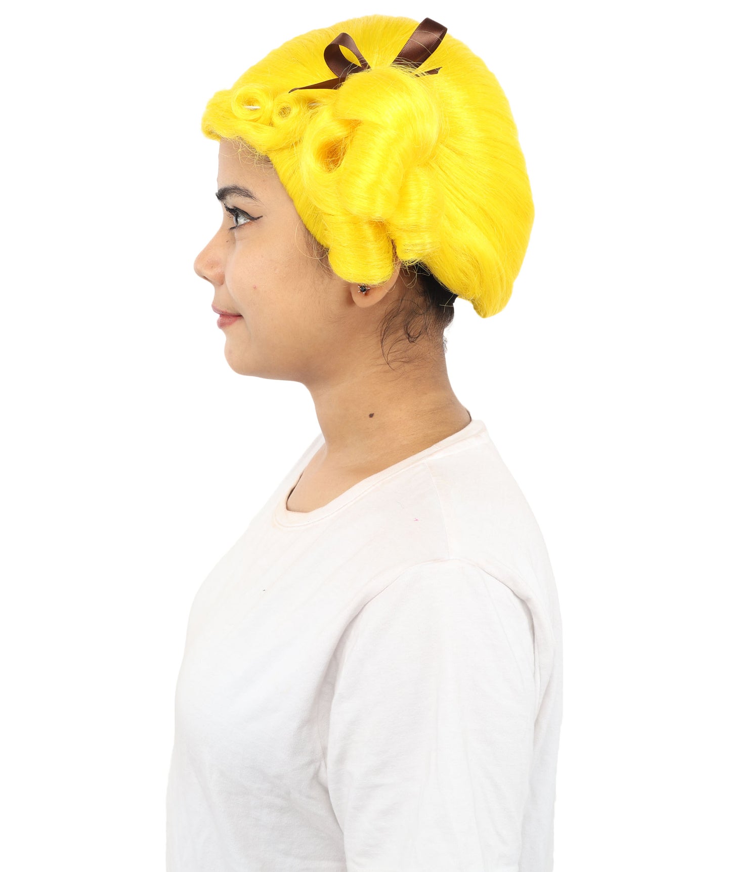 HPO Women's Golden White Mixed Curly Pigtail Wig | Messy Ringlet Twin Tails with Attached Fabric Ribbons, Synthetic Fiber & Breathable Cap | Halloween, Movie Character Roleplay, Costume Party & Theater