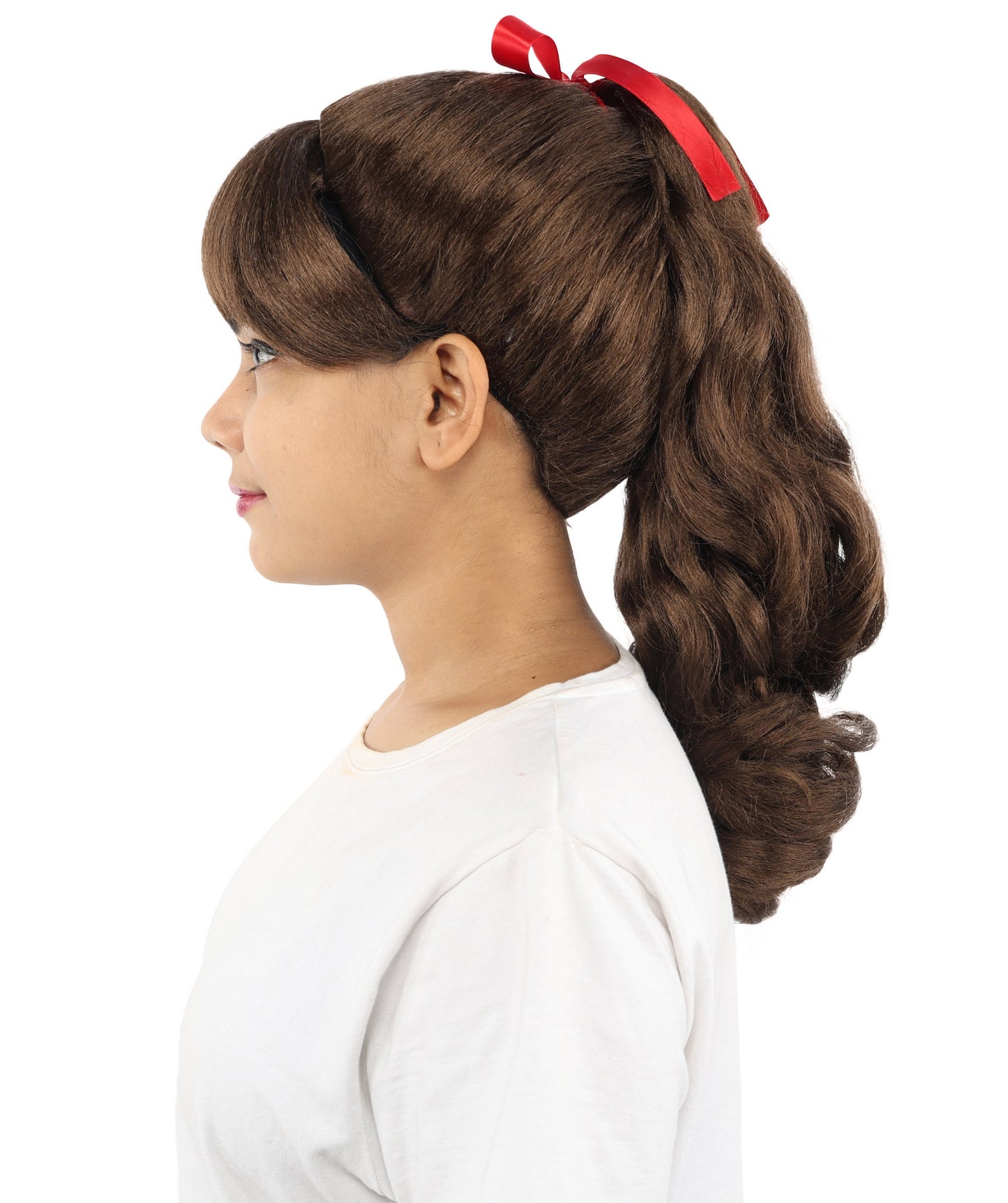 HPO Women's Spiral Ponytail Wig | Multicolor Options | High Updo with Red Ribbon Bow & Bangs, Heat Friendly Synthetic Fiber & Breathable Cap | Halloween, Christmas Event, Themed Party, Theater & Roleplay