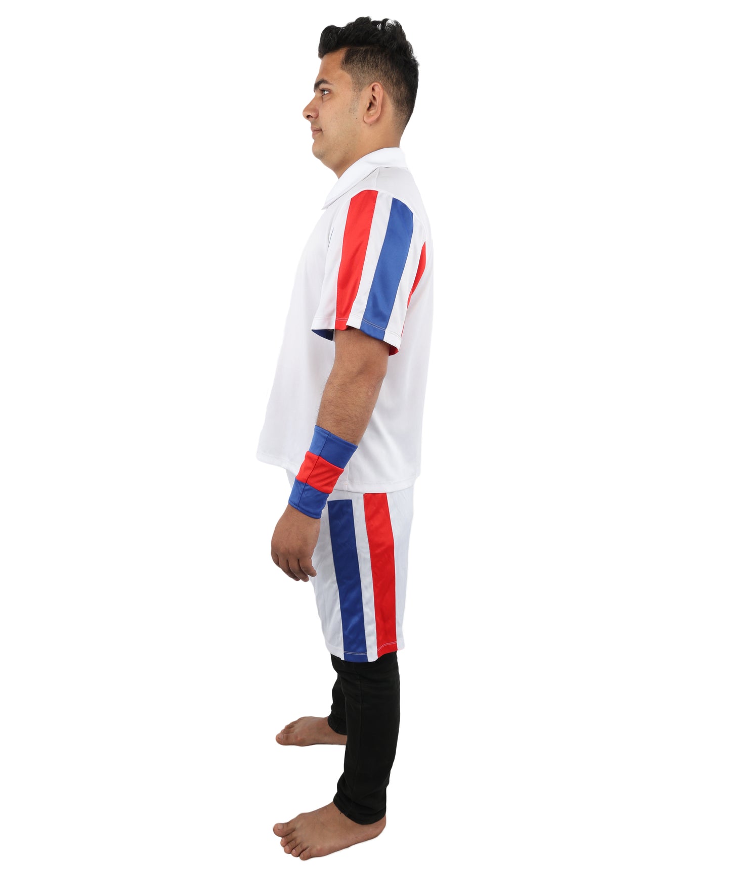 HPO Men's Retro Court Athlete Costume | White Polo and Shorts Set with Striped Accents | Ideal for Halloween, Theater, Drag, and 80s Sports Events