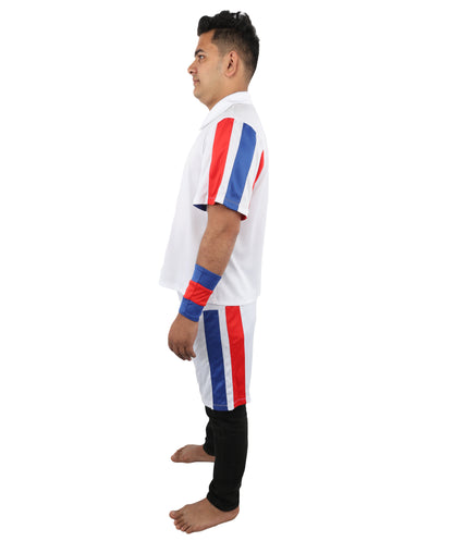 HPO Men's Retro Court Athlete Costume | White Polo and Shorts Set with Striped Accents | Ideal for Halloween, Theater, Drag, and 80s Sports Events