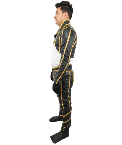 HPO Men's Anime Fighter Combat Suit | Striking Black And Gold PVC Jersey Construction Featuring Pant, Dress, Hand gloves, And Leg Socks | Ideal for Party, Halloween, Cosplay, Theater, Drag, Performance, Costume Events