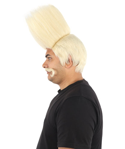HPO Adult Men's Tall Flat Top Wig and Mustache | Vertical Dark Pompadour with Long Handlebar Facial Hair, Synthetic Fiber & Breathable Net | Halloween, Carnival, Stage Performance & Roleplay