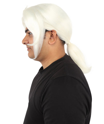 HPO Men's Golden Blonde Curtain Bang Wig | Shoulder Length Wavy Surfer Style, Heat Resistant Synthetic Fiber & Breathable Net | Halloween, Funny Roleplay, Theater, 90s Party & Costume Events
