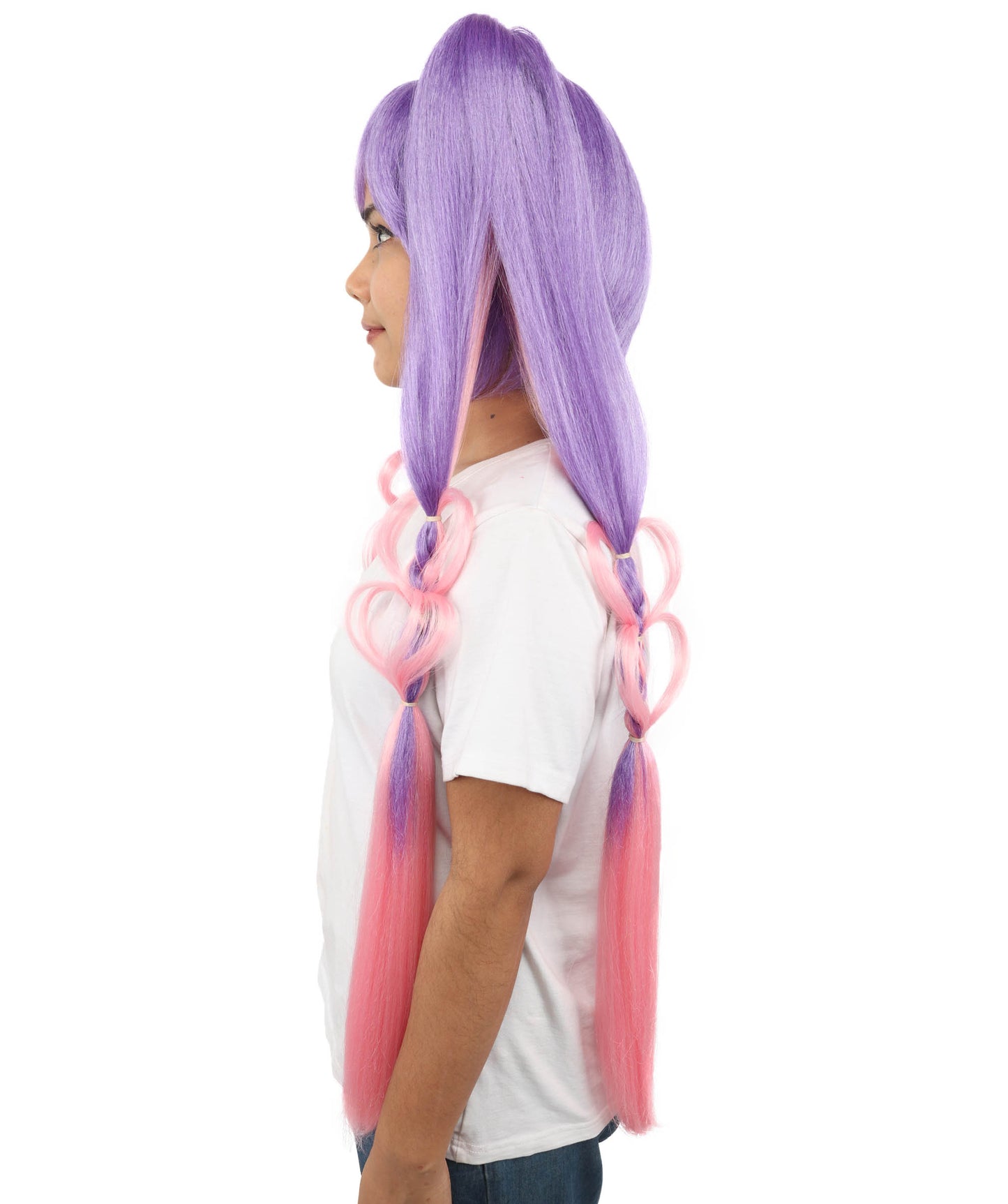 HPO Women's Heart Pigtail Character Wig | Dual-tone purple and pink, create of synthetic fiber, long structured pigtails with heart-shaped loops, breathable base | Party, Halloween, theater, drag, performance, costume events