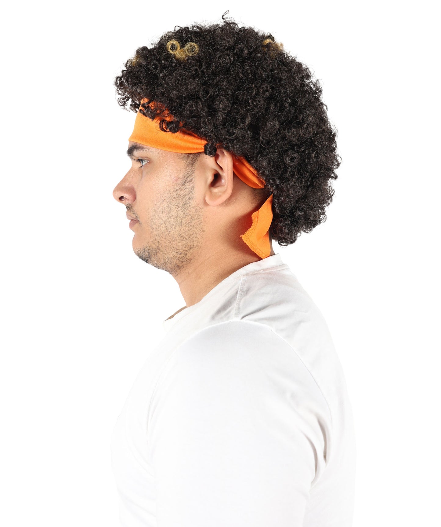 HPO Men's Brown & Golden Curly Afro Wig | 11” Synthetic Hair with Headband | Flame-Resistant Capless Cap Wig