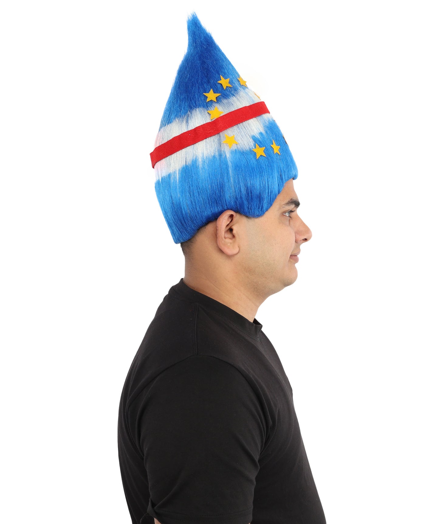HPO Unisex Cabo Verde Sports Troll Wig – Spiky Fan Wig in National Colors for Patriotic Events and Football Matches | Synthetic Fiber Headpiece with Capless Cap