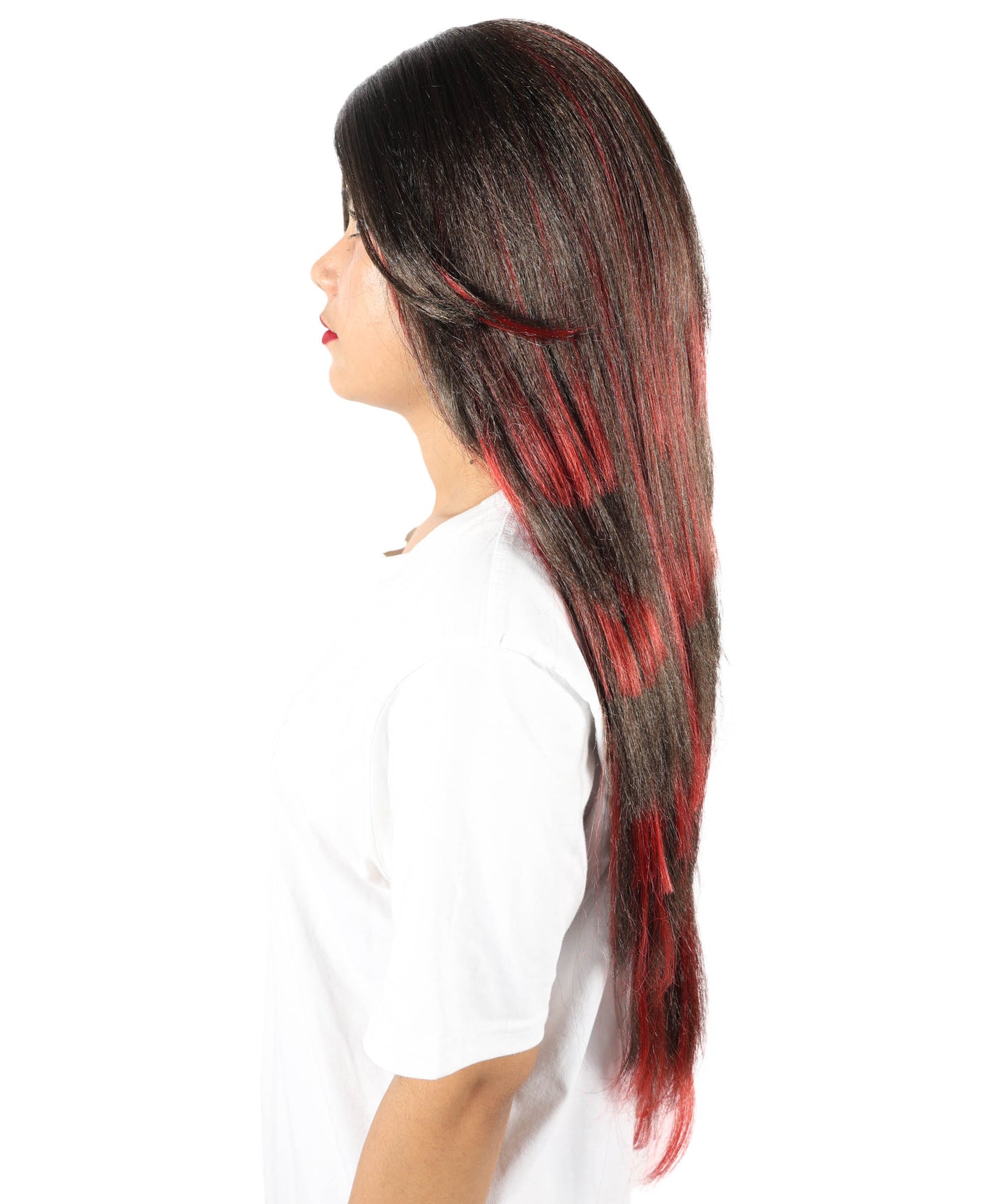 HPO Women's Edgy Celebrity Roleplay Red & Brown Wig |Flame-resistant Fiber with a comfortable capless fit | Ideal for party, Halloween, cosplay, theater, drag, performance, costume events