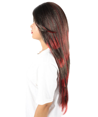 HPO Women's Edgy Celebrity Roleplay Red & Brown Wig |Flame-resistant Fiber with a comfortable capless fit | Ideal for party, Halloween, cosplay, theater, drag, performance, costume events
