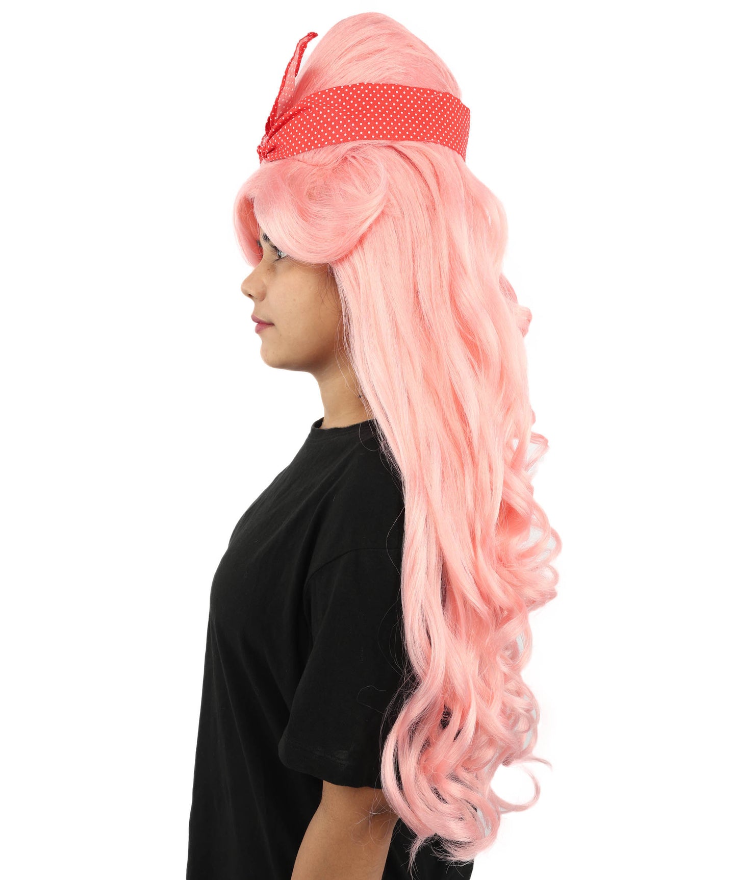 HPO Women’s Retro Beehive Wig with Red Bow | Multicolor Options | Extra Long Wavy Fancy Dress Accessory | Fancy Dress Accessory | Celebrity-Inspired Hair for Halloween, Cosplay & Music Tribute Parties