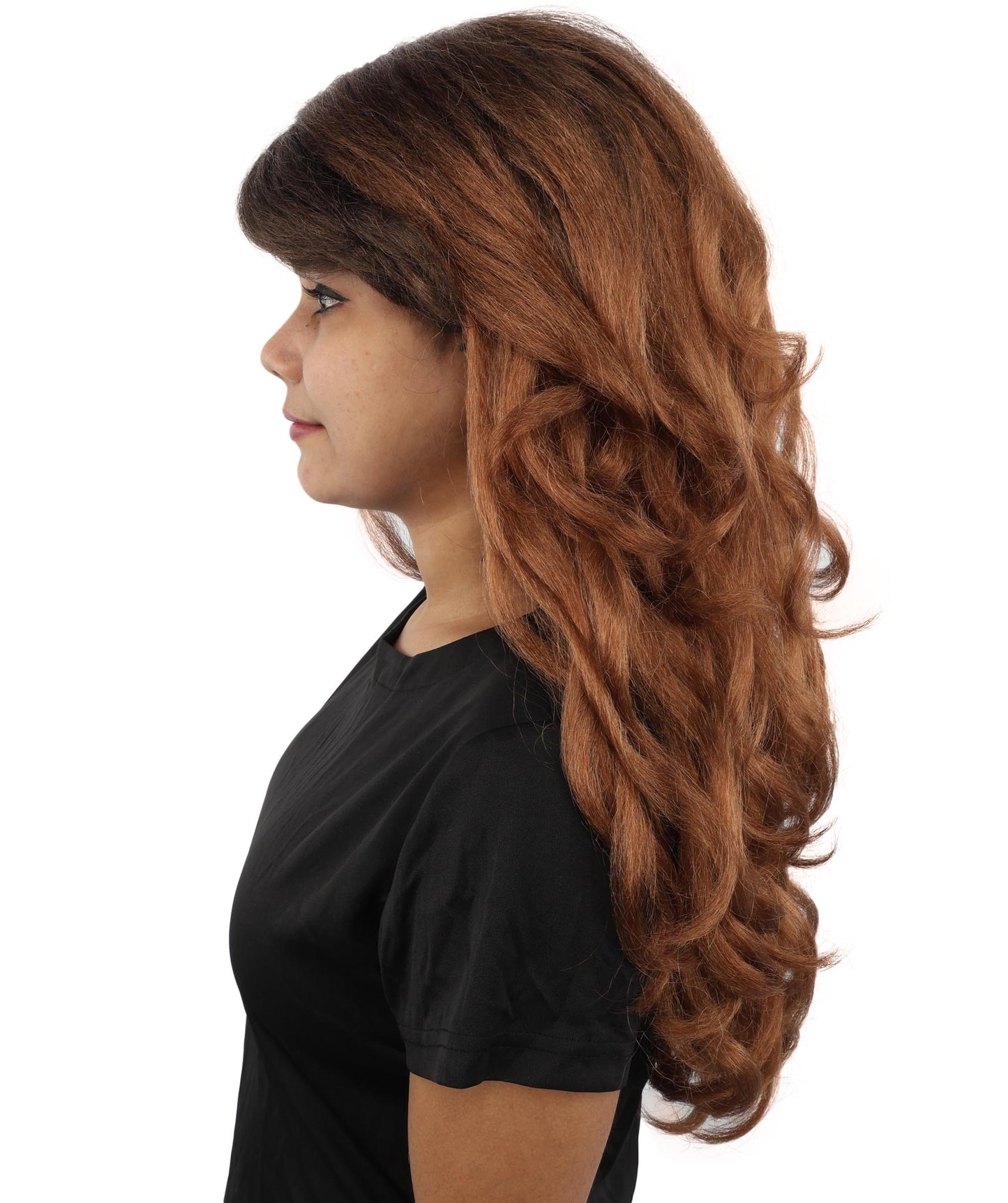 HPO Women’s Long Brown Wavy Wig | Capless Cap 23 Inch Synthetic Hair | Pop Singer Inspired Glamorous Cosplay, Party & Fashion Wig