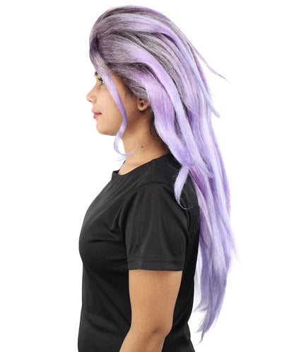 HPO Women's Long Wavy Fantasy Purple wig | Dark roots transitioning to luminescent blue tips, created of flame-retardant synthetic fiber, capless base | Theater stage, costume events, drag