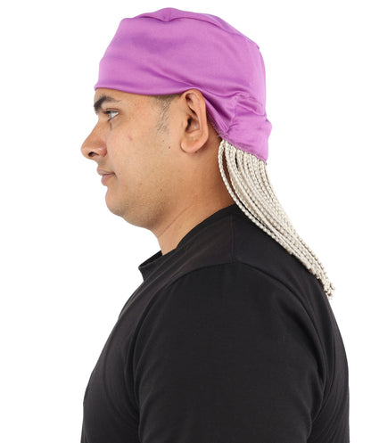Men’s Movie Character Inspired Black Braided Wig with Purple Head Wrap Hat | Flame-retardant Synthetic Fiber | Ideal Hairpiece for Cosplay & Halloween