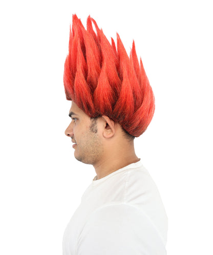 HPO Adult Men's Flame-Style Cosplay Wig | Fiery Red and Brown Spiky Hairstyle | Synthetic Wig for Halloween, Cosplay, Stage & Roleplay