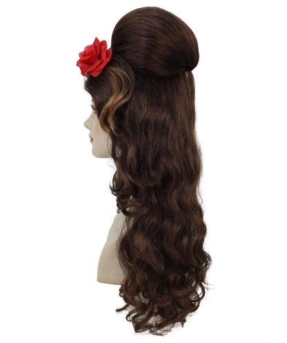HPO Adult Womens Retro Brown Beehive Wig with Red Flower | 80s Vintage Glam Long Curly Hairpiece for Costume & Parties | Ideal for Halloween | Breathable Capless Cap