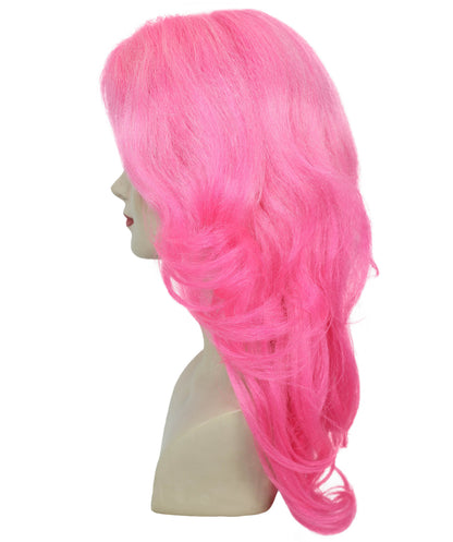 Adult Women’s Vibrant Pink Curly Long Wig | Silk Center-Part Hair Piece for Glam Looks | Flame-Retardant Synthetic Fiber | Ideal for Halloween and themed party