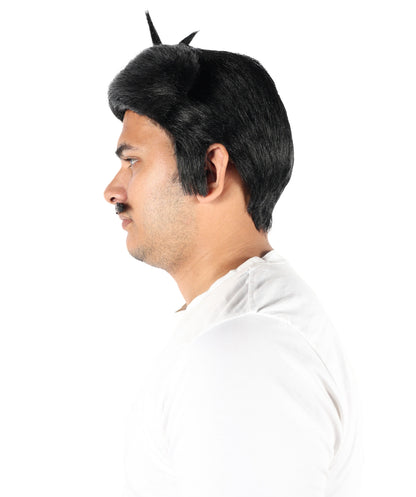 HPO Men's Western Outlaw Black Wig & Mustache Set | Short Black Synthetic Hairpiece with Matching Facial Hair | Ideal for Costume Parties & Roleplay