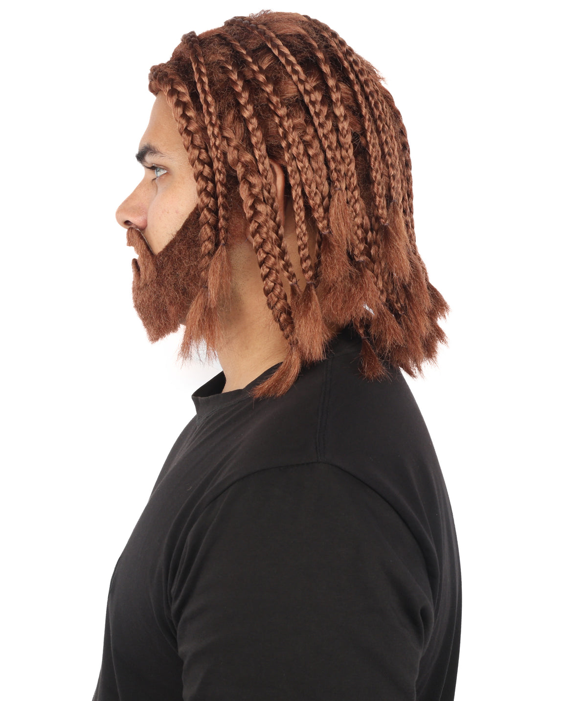 HPO Adult Men’s Brown Braided Warrior Wig with Matching Beard Set - Shoulder Length Braided Wig with Full Facial Hair Center Part and Fantasy Inspired Styling for Halloween Cosplay Events