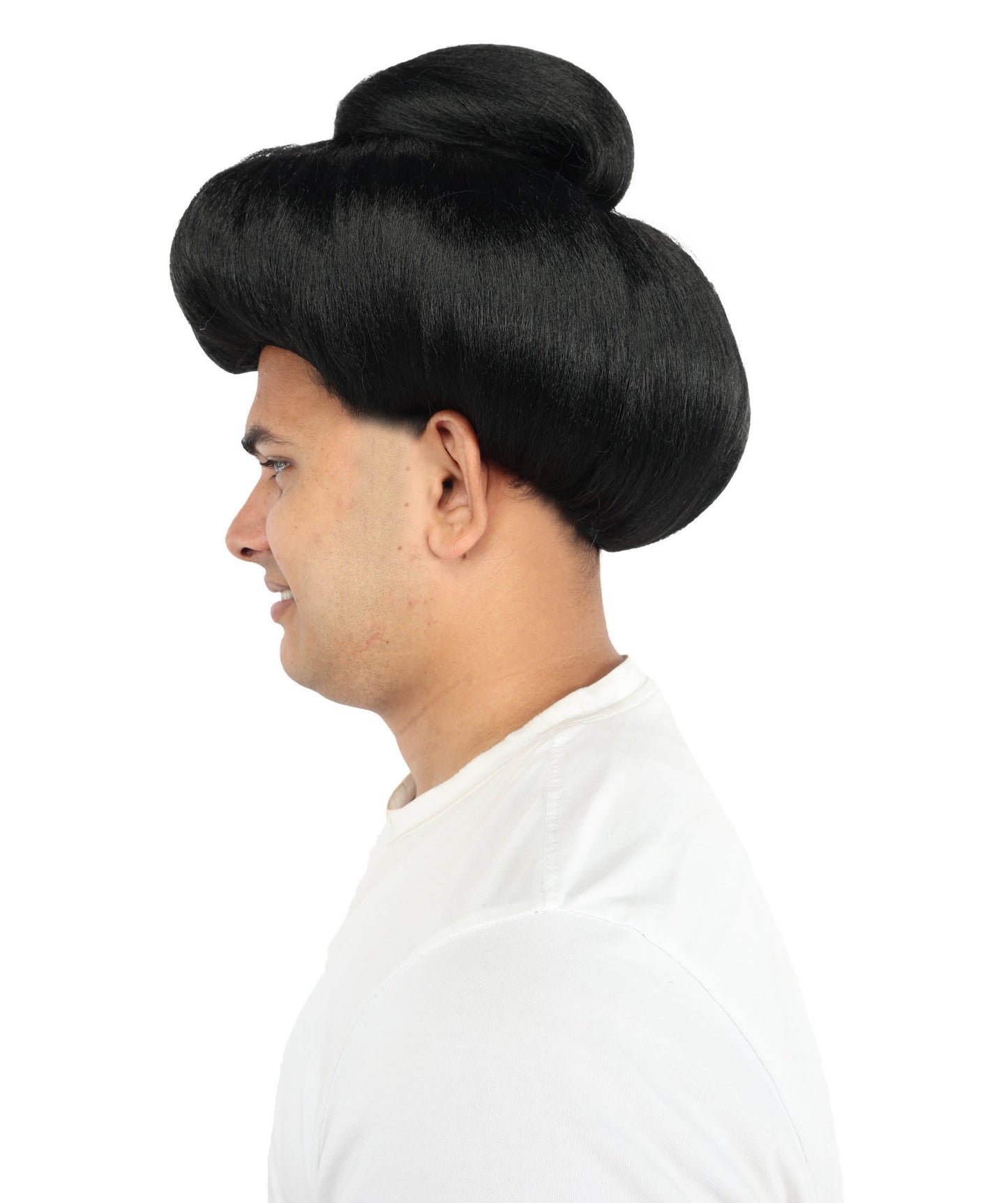 HPO Chinese Ancient Short Wig for Men | Black Traditional Hairpiece with Top Bun | Historical Warrior Cosplay & Costume Accessory