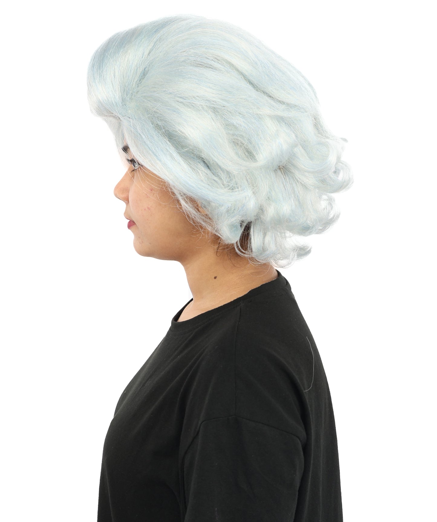 Vintage Wavy Silver Blue Wig | 12 Inch Voluminous Swept Back Curls Retro Texture | Party Halloween Cosplay Theater Drag Performance Costume Events