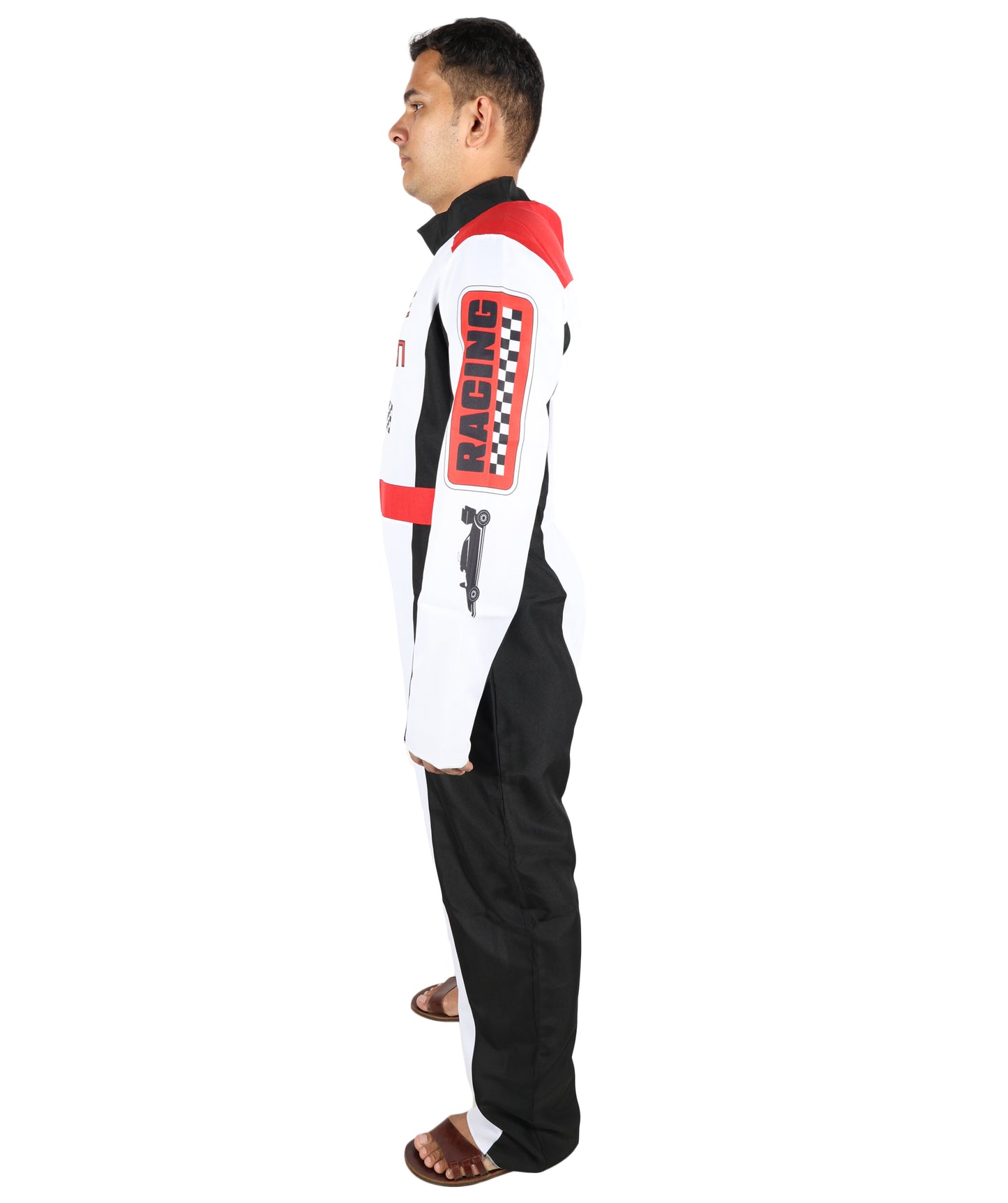 HPO Men’s Racing-Themed Costume | Black, White & Red Jumpsuit with Gloves | RONIOR Fabric 3-in-1 Outfit for Performance & Cosplay