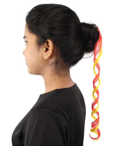 HPO Women's Spain Flag Hair Extension | Coiled red and yellow synthetic fibers featuring a twisted attachment design | Ideal for party, Halloween, cosplay, theater, drag, performance, costume events