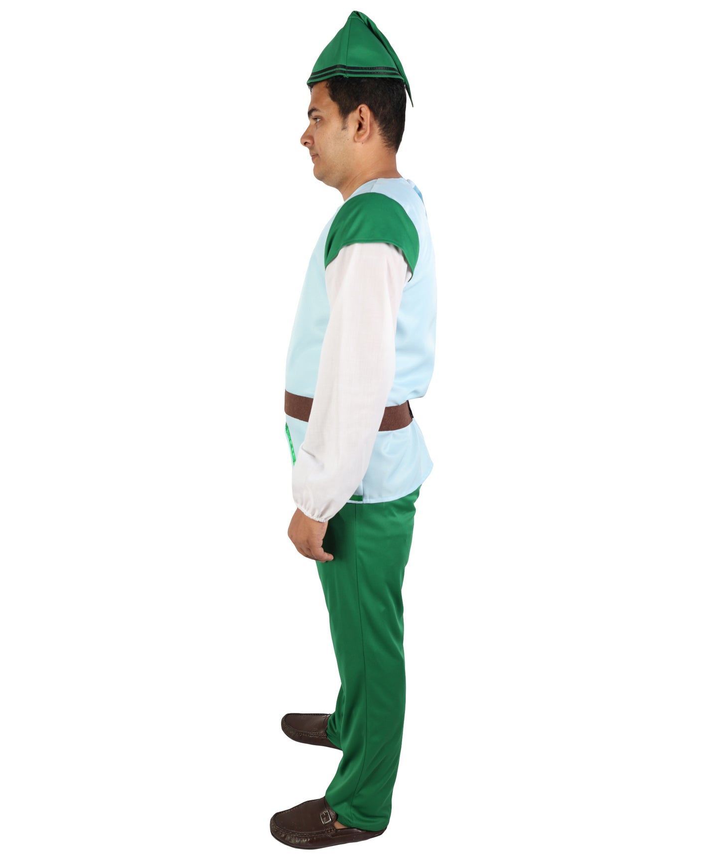 HPO  Men's Fairytale Dwarf Costume | Woodland Gnome Light Blue Vest Top Green Pants Set Pointed Hat Fake Beard | Halloween Cosplay Theater Drag Performance Costume Events