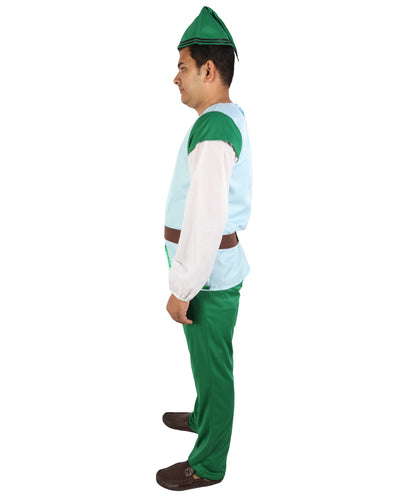 HPO  Men's Fairytale Dwarf Costume | Woodland Gnome Light Blue Vest Top Green Pants Set Pointed Hat Fake Beard | Halloween Cosplay Theater Drag Performance Costume Events