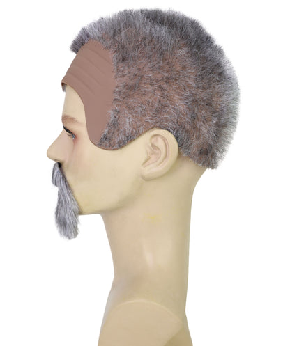 HPO Men’s Roman Emperor Macrinus White and Brown Wig and Mustache & Beard Set | Short Curly Dark Historical Hairpiece | Synthetic Fiber, Breathable Cap for Theater, Halloween