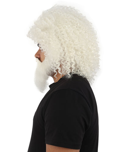 HPO Men's Wild Caveman Orange Wig Beard & Mustache Set | Massive Frizzy Orange Afro and Full Beard Set with Messy Texture | Prehistoric Costume, Viking Cosplay, Halloween, and Funny Party Props