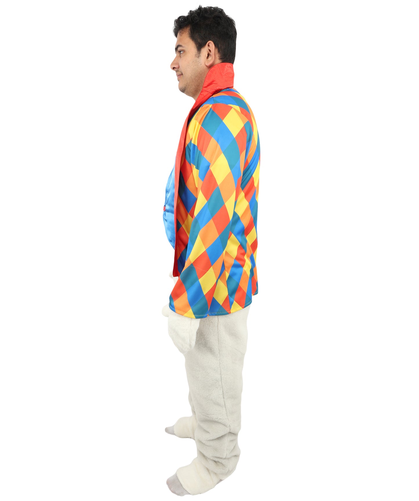HPO Men's Festive Rabbit Mascot Ensemble | Multi-Color Diamond Pattern with Satin Vest and Faux Fur Accents | Ideal for Cosplay, Halloween, Drag, and Holiday Performance Events