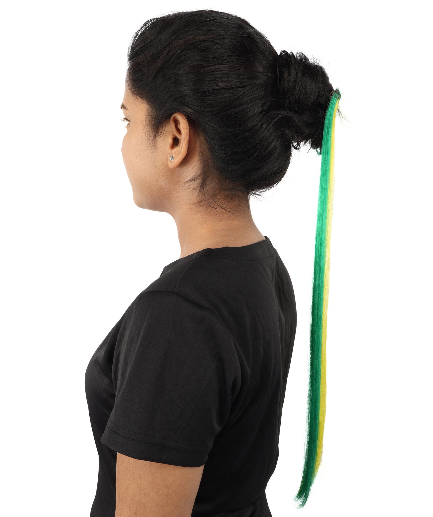 HPO Women's Brazilian Clip-in Hair Extension | Sleek straight green and yellow synthetic fibers featuring a secure snap attachment | Ideal for party, Halloween, cosplay, theater, drag, performance, costume events