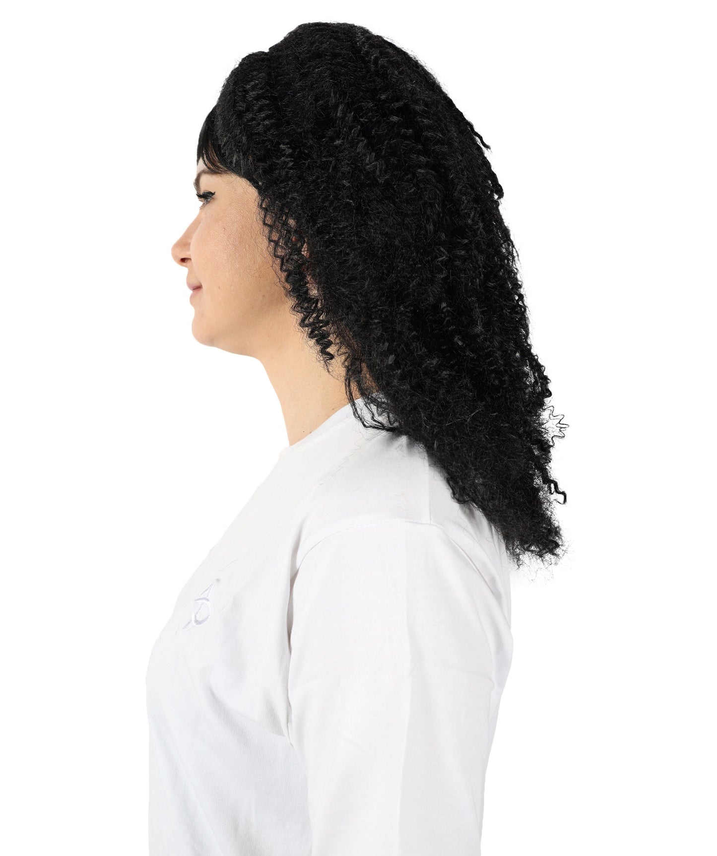 HPO Adult Women's 80s Shoulder Length Straight Black Crimp Wig| Halloween and Cosplay Wig | Flame-retardant Synthetic Fiber