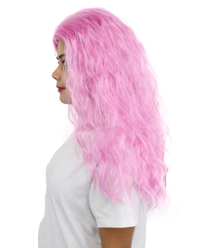 HPO Women’s Pink Long Wavy Wig | 25 Inch Long Hair with Capless Cap Design | Ideal for Playful at Halloween Cosplay, and Themed Parties