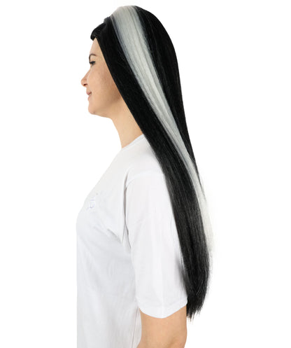 Women’s Extra Long Straight Black and White Widow’s Peak Wig with Center Part | High-Volume Hairpiece for Halloween, Cosplay & Gothic Character Looks