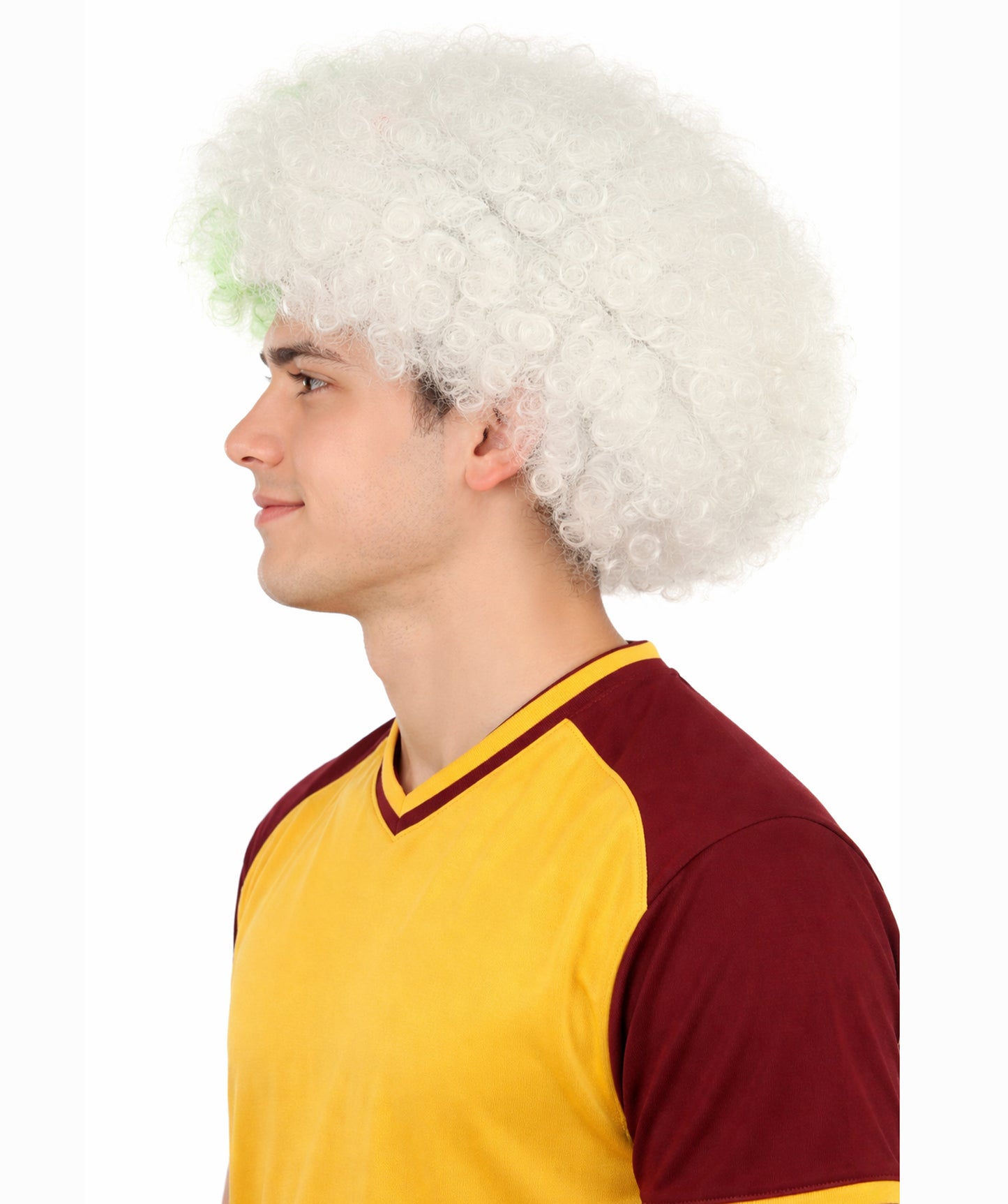 HPO Men's Two Tone Afro Wig | Bouncy Green and White Curls Flame-retardant Synthetic Fiber | Halloween Themed Party Circus Carnival Fan Accessory